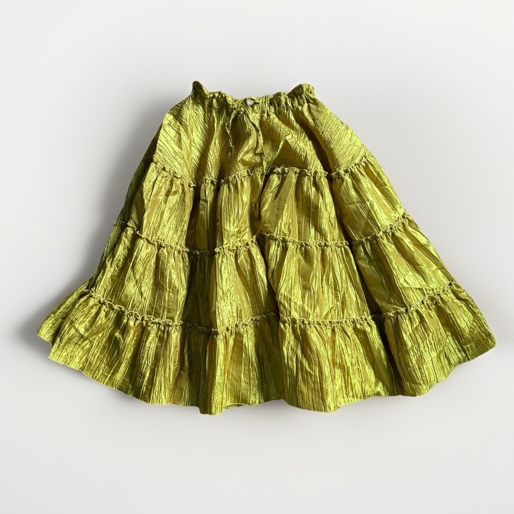 Alter Egos Bazaar Handmade Crinkle Tier Midi Skirt S Chartreuse Chiffon 20-32"W - Picture 2 of 9
